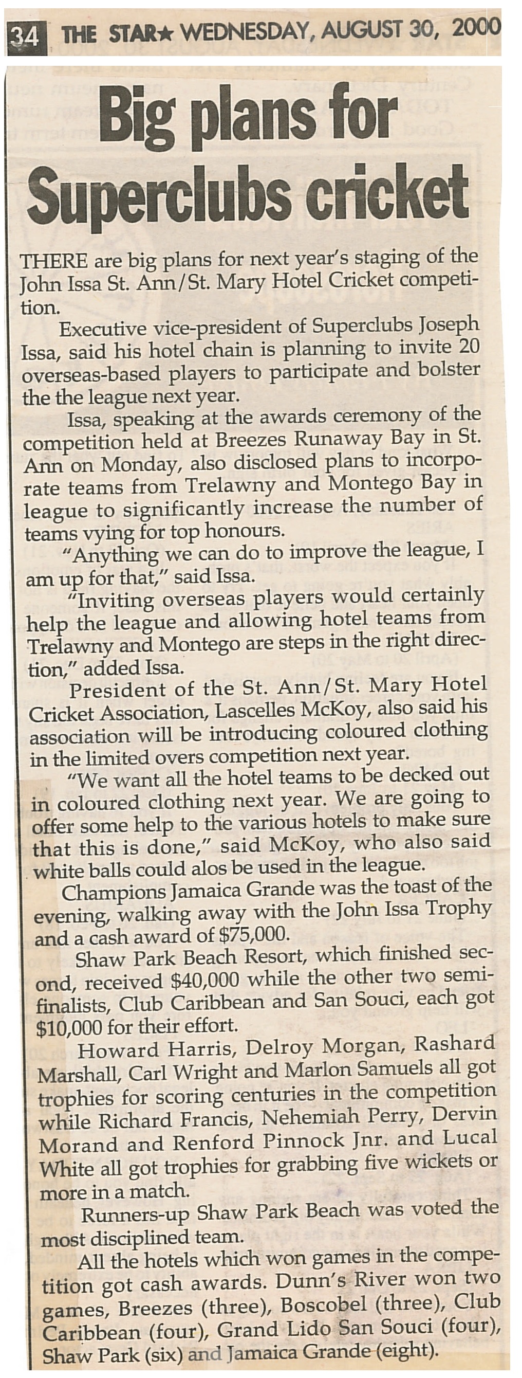 Big plans for SuperClubs cricket - The Star - Aug 30, 2000 