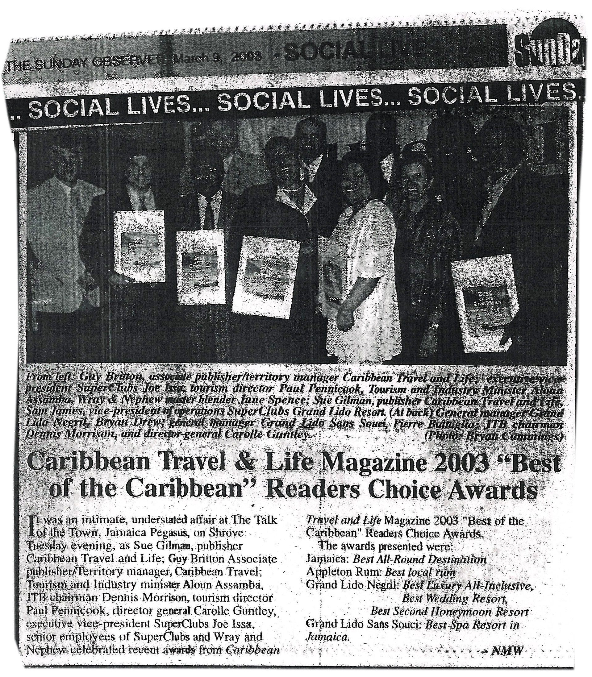 Caribbean Travel & Life Magazine 2003 “Best of the Caribbean” 