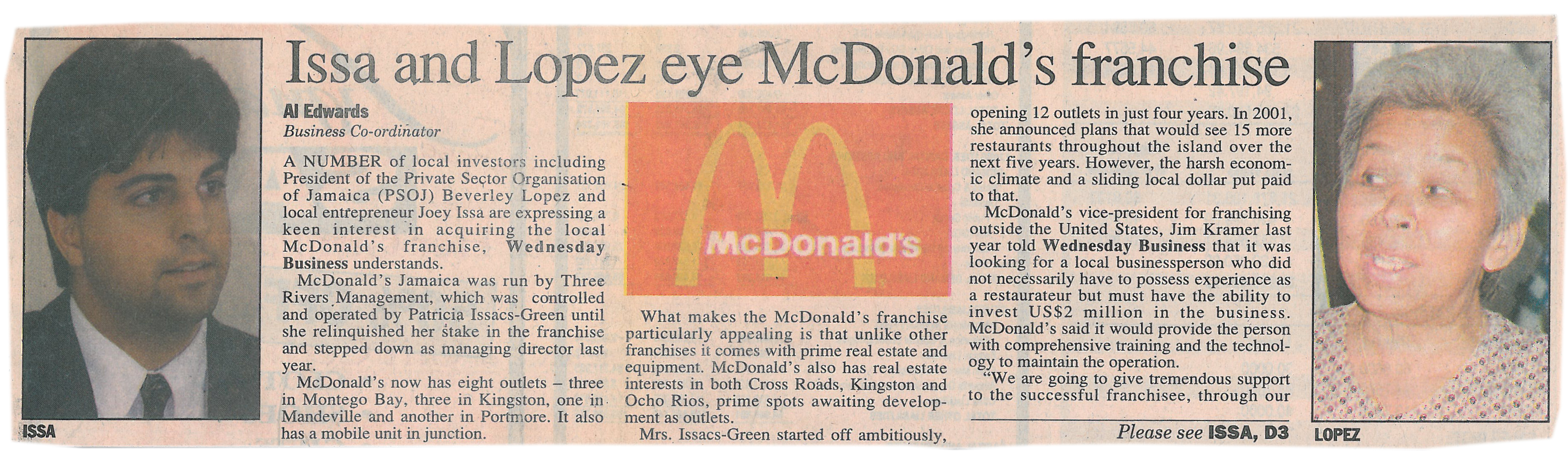 Issa and Lopez eye McDonald’s franchise