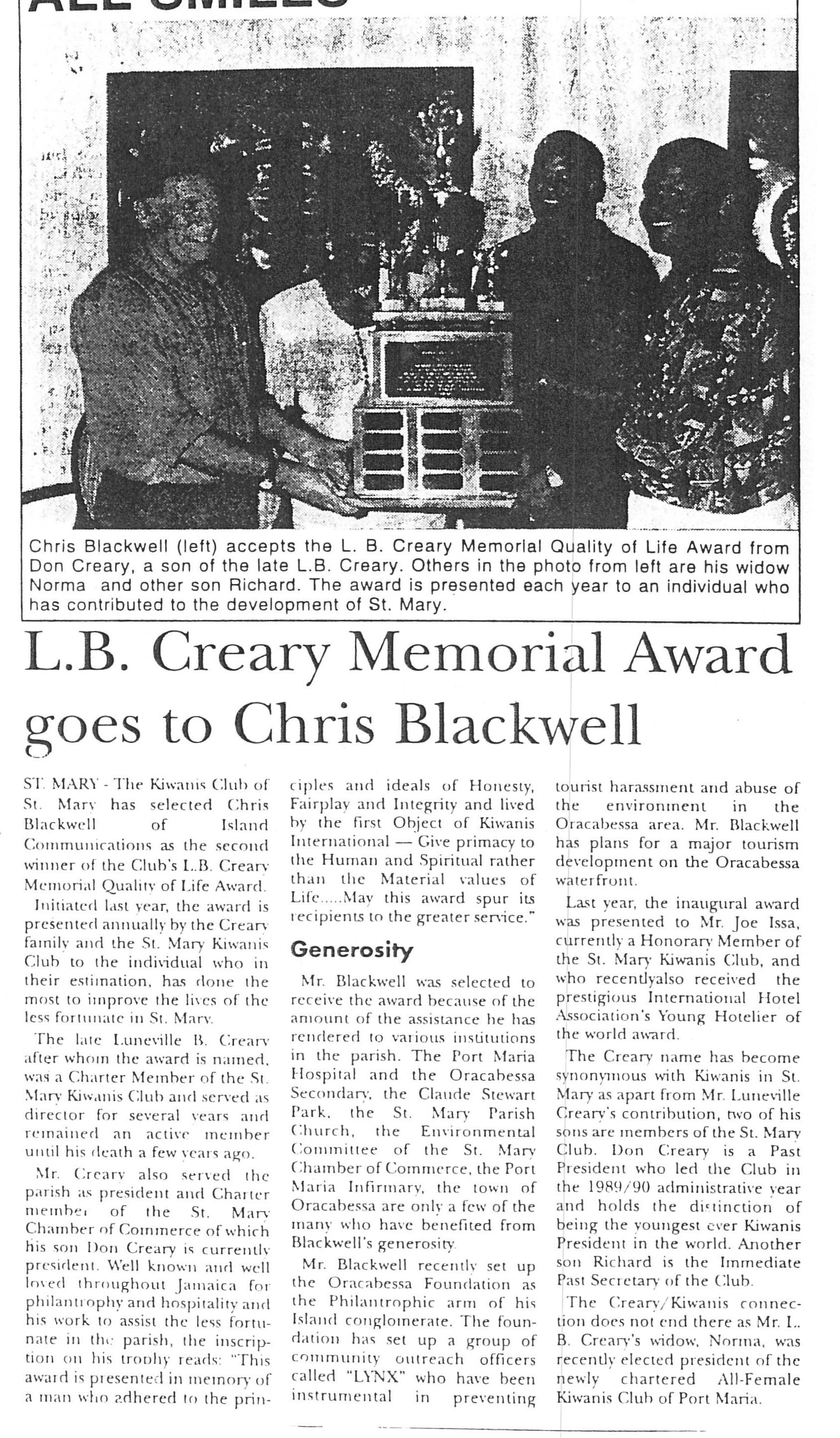 L.B Creary Memorial Award goes to Chris Blackwell
