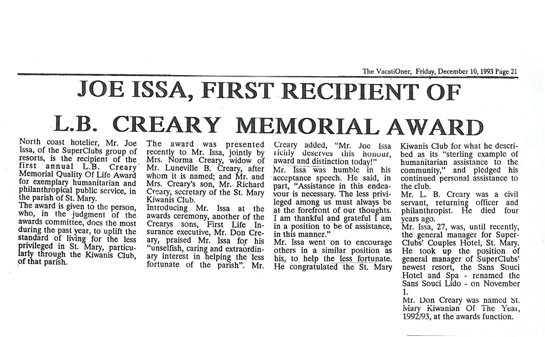 Joe Issa, first recipient of L.B Creary Memorial Award